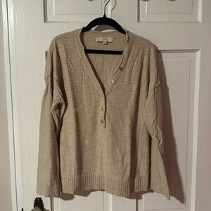 Loft Women's Sz M Beige Lightweight Long Sleeve Sweater with Gold buttons